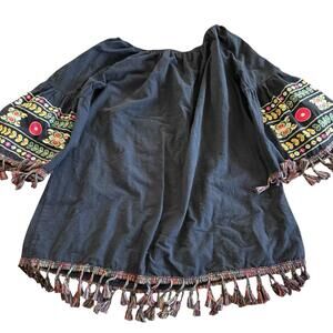 Velzera Brand Black Boho Peasant Top Size L Embroidered Design